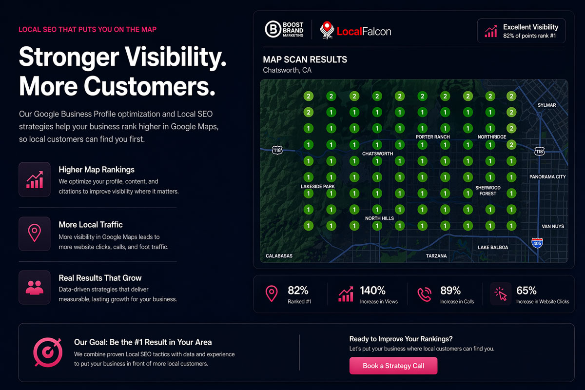 Google Maps SEO ranking results for a Chatsworth CA local business showing top 3 local pack visibility across the San Fernando Valley